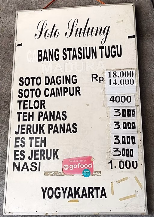 daftar harga menu Soto Sulung Stasiun Tugu Gedong Kuning